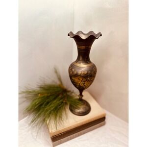 Vintage Etched Brass Bud Vase Dark Patina Floral Scalloped Rim Pedestal Base 11"